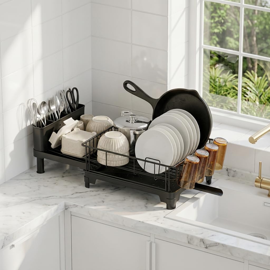 iSPECLE Sink Large Expandable Dish Drying Rack - Rust Resistant Kitchen Dish Drainer with Drainboard & Utensil Holder