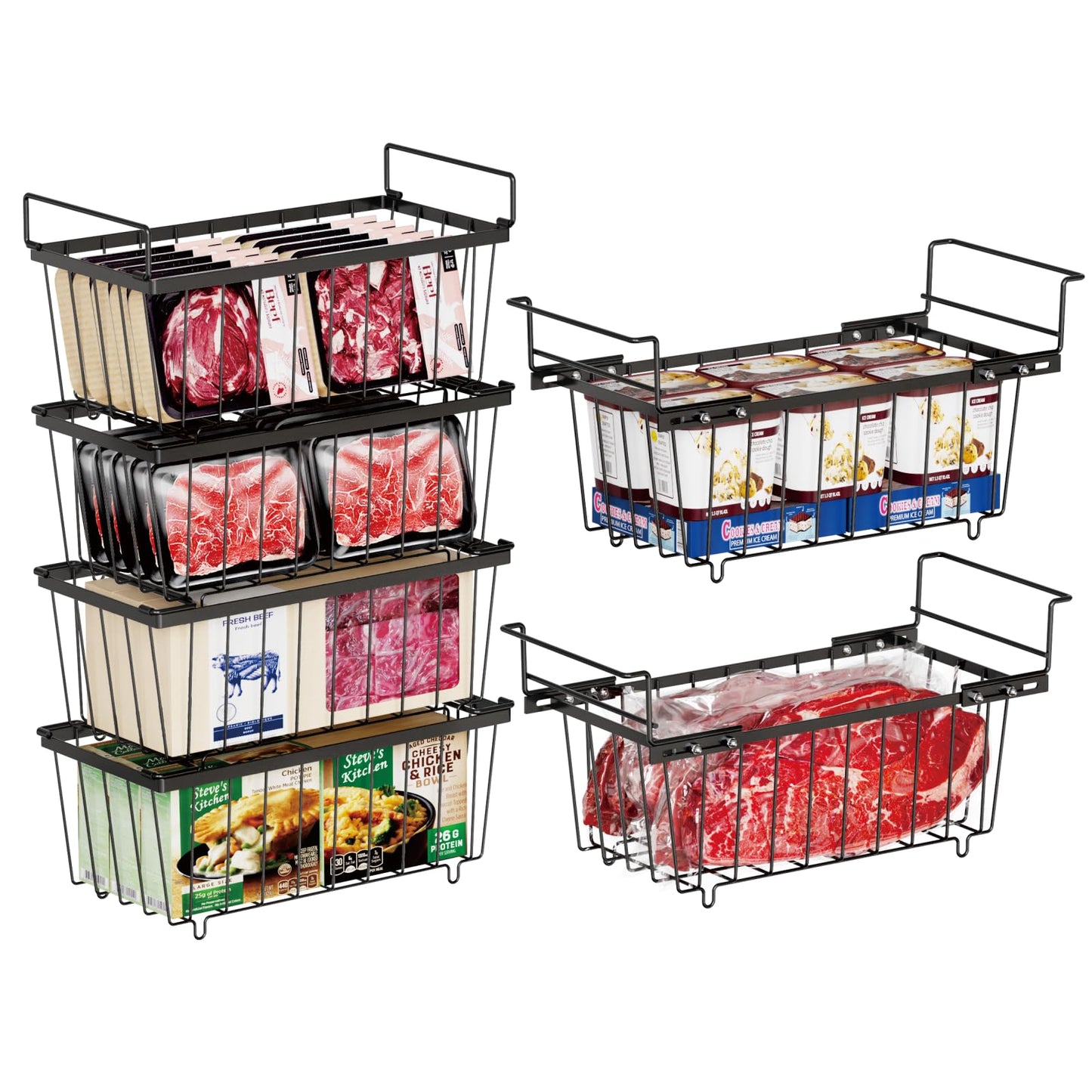 iSPECLE  Stackable and Hanging Freezer Organizer Bins (4 Pack, 5 Pack, 6 Pack)