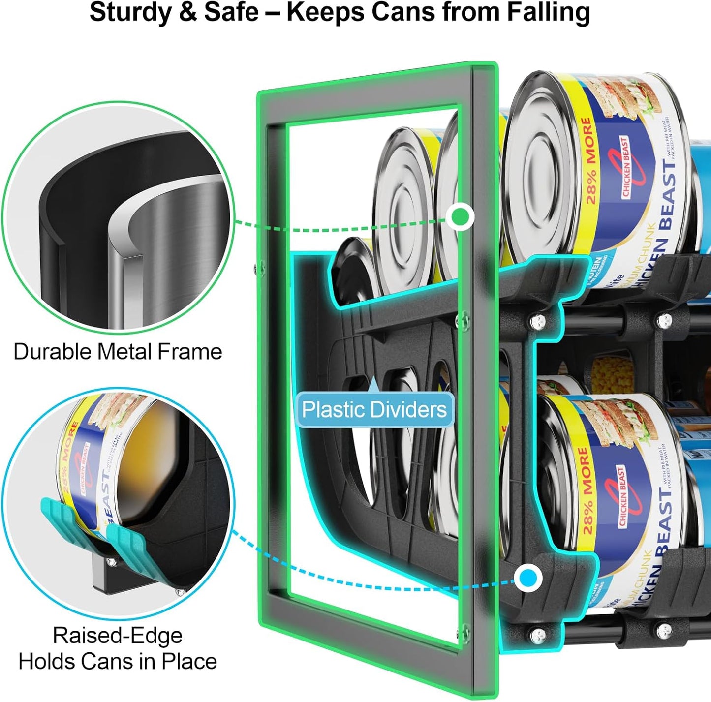iSPECLE  Can Organizer for Pantry with Adjustable Dividers, Hold 40-60 Cans Auto Rolling, Black