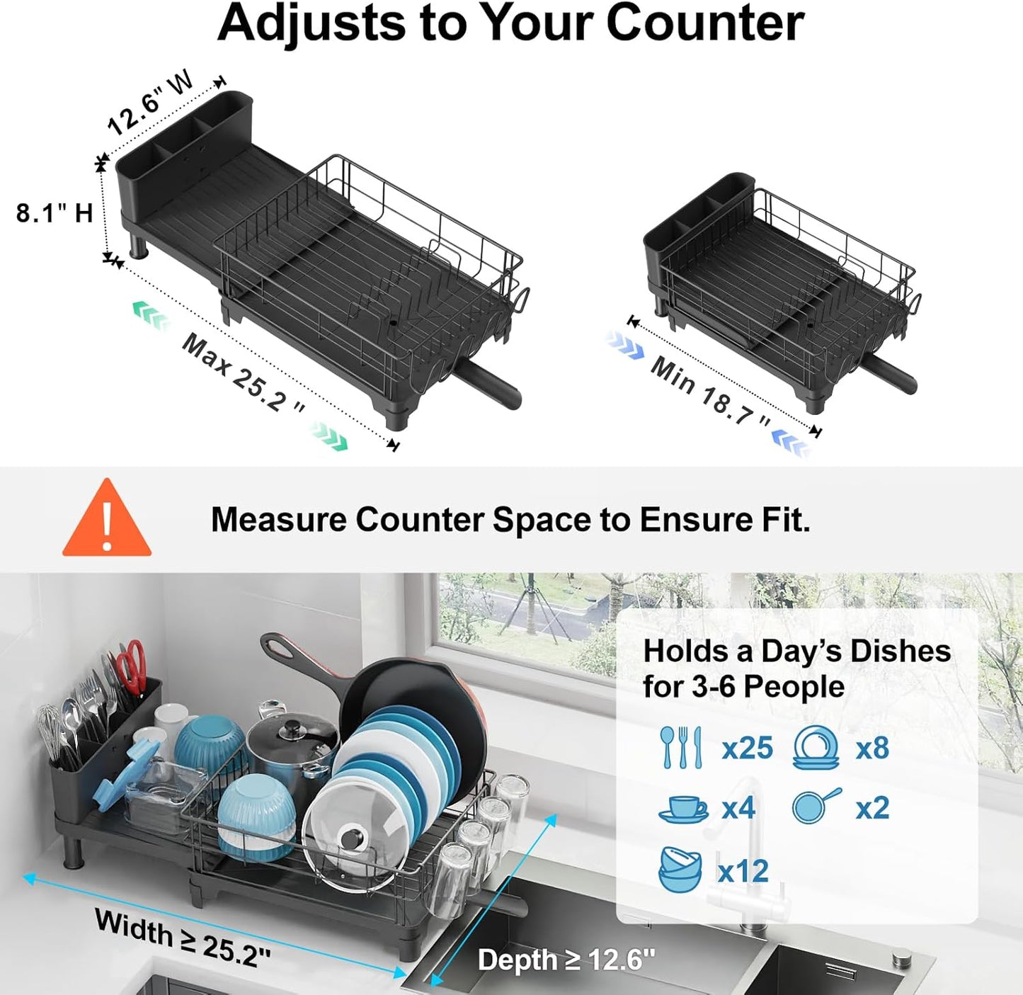iSPECLE Sink Large Expandable Dish Drying Rack - Rust Resistant Kitchen Dish Drainer with Drainboard & Utensil Holder