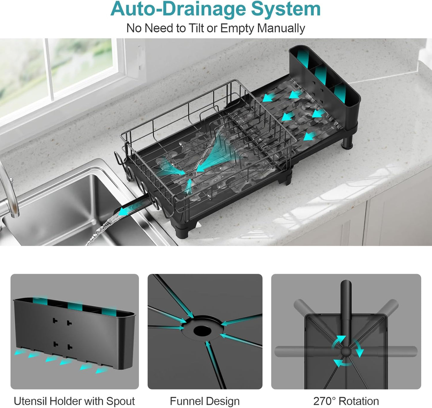 iSPECLE Sink Large Expandable Dish Drying Rack - Rust Resistant Kitchen Dish Drainer with Drainboard & Utensil Holder