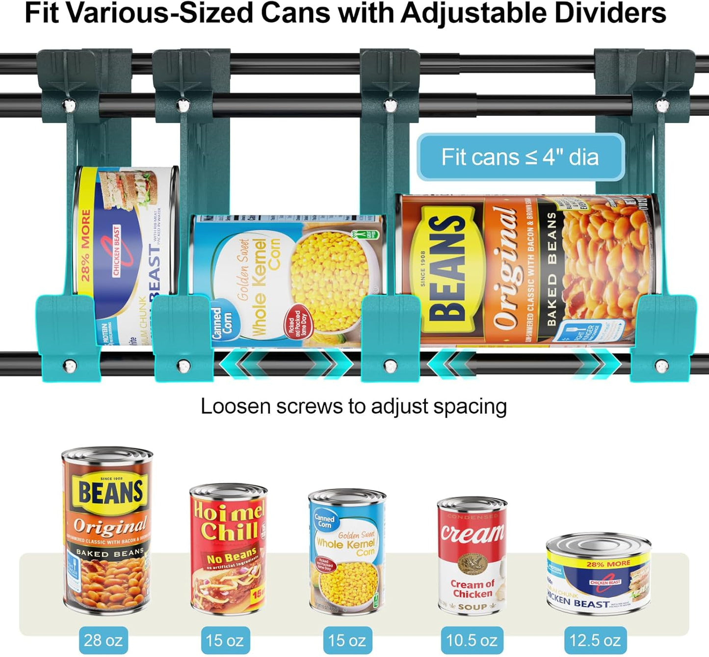 iSPECLE  Can Organizer for Pantry with Adjustable Dividers, Hold 40-60 Cans Auto Rolling, Black
