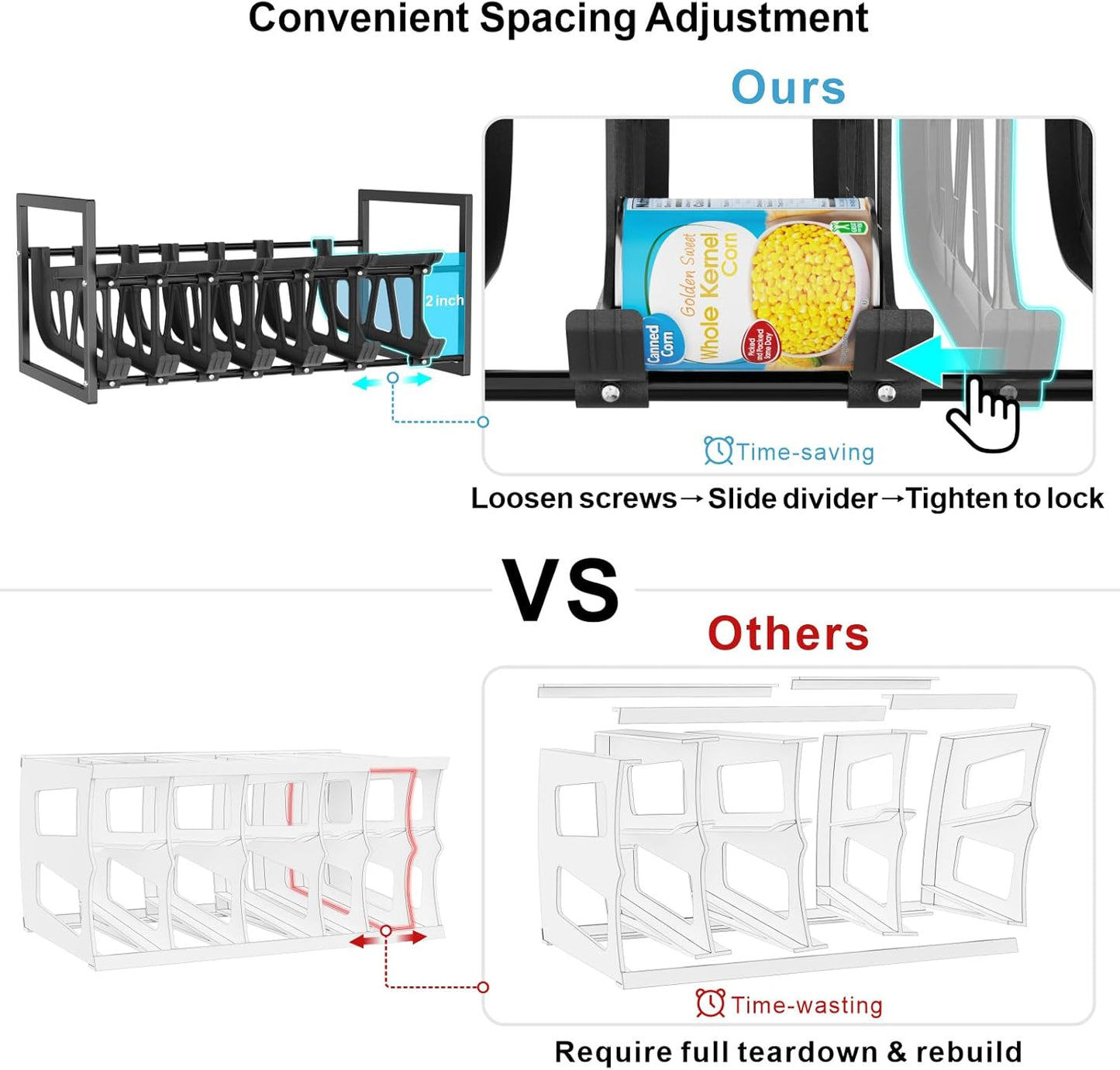 iSPECLE  Can Organizer for Pantry with Adjustable Dividers, Hold 40-60 Cans Auto Rolling, Black