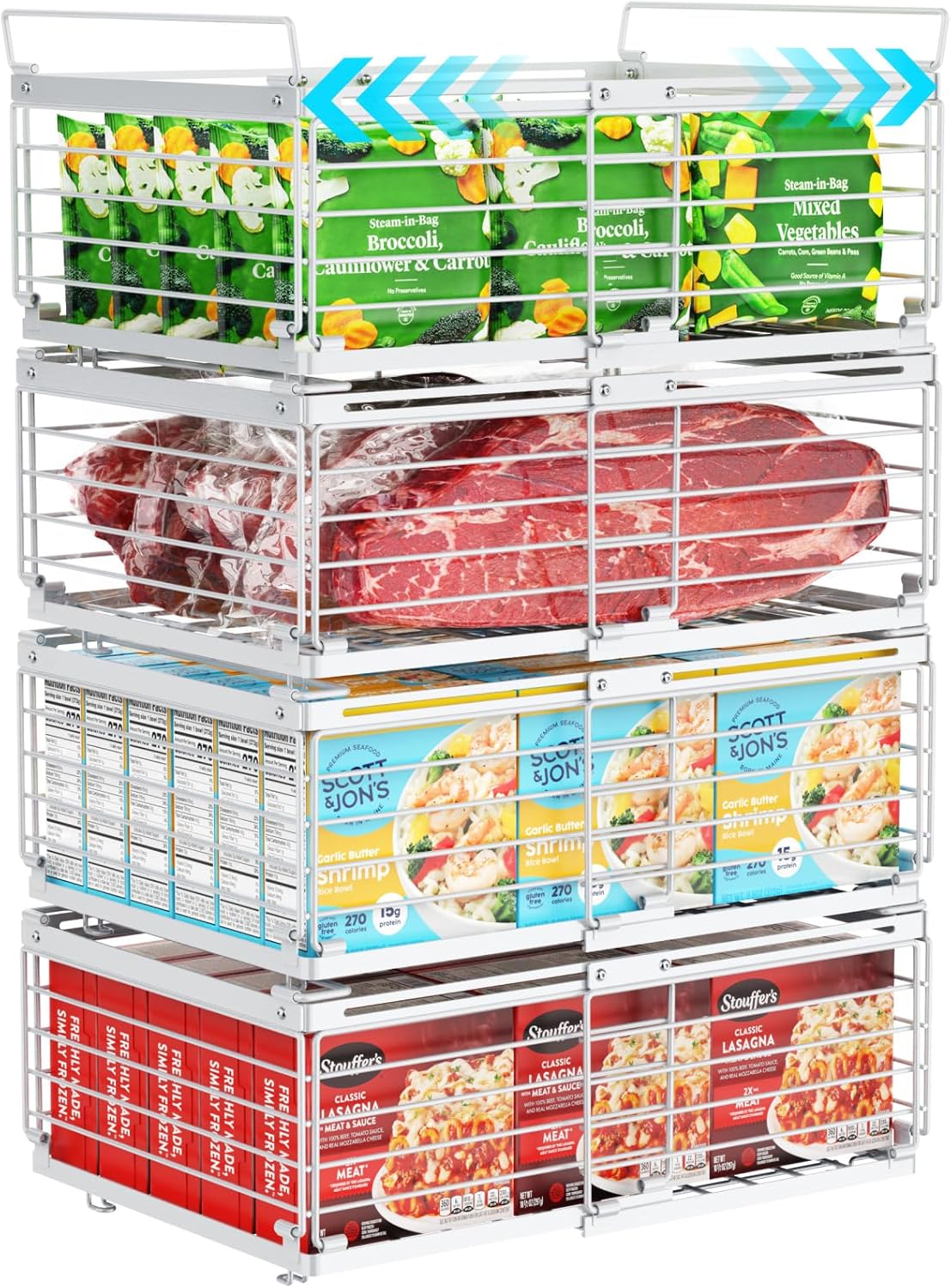 iSPECLE 4 Pack Freezer Organizer Bins for 10 to 20 Cu.Ft Chest Freezer, Adjustable Wire Stackable Storage with Handles, Deep Freeze Organizer for Meat & Vegetables