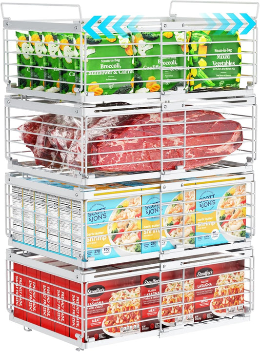 iSPECLE 4 Pack Freezer Organizer Bins for 10 to 20 Cu.Ft Chest Freezer, Adjustable Wire Stackable Storage with Handles, Deep Freeze Organizer for Meat & Vegetables