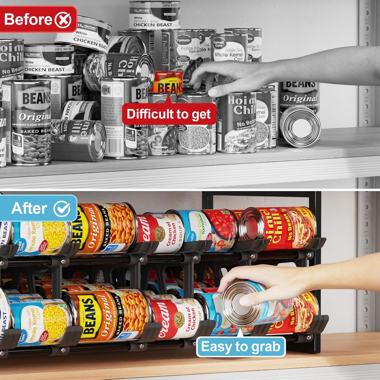 iSPECLE  Can Organizer for Pantry with Adjustable Dividers, Hold 40-60 Cans Auto Rolling, Black