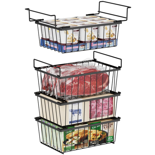 iSPECLE 4 Pack Freezer Organizer Bins - 3 Pack Stackable Chest Freezer Organizer and 1 Pack Hanging Freezer Organizer Bins for 5 Cu.FT Deep Freezer Sort and Get Frozen Food Easily with Handle, Black