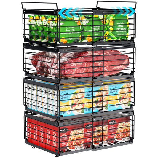iSPECLE 4 Pack Freezer Organizer Bins for 10 to 20 Cu.Ft Chest Freezer, Adjustable Wire Stackable Storage with Handles, Deep Freeze Organizer for Meat & Vegetables