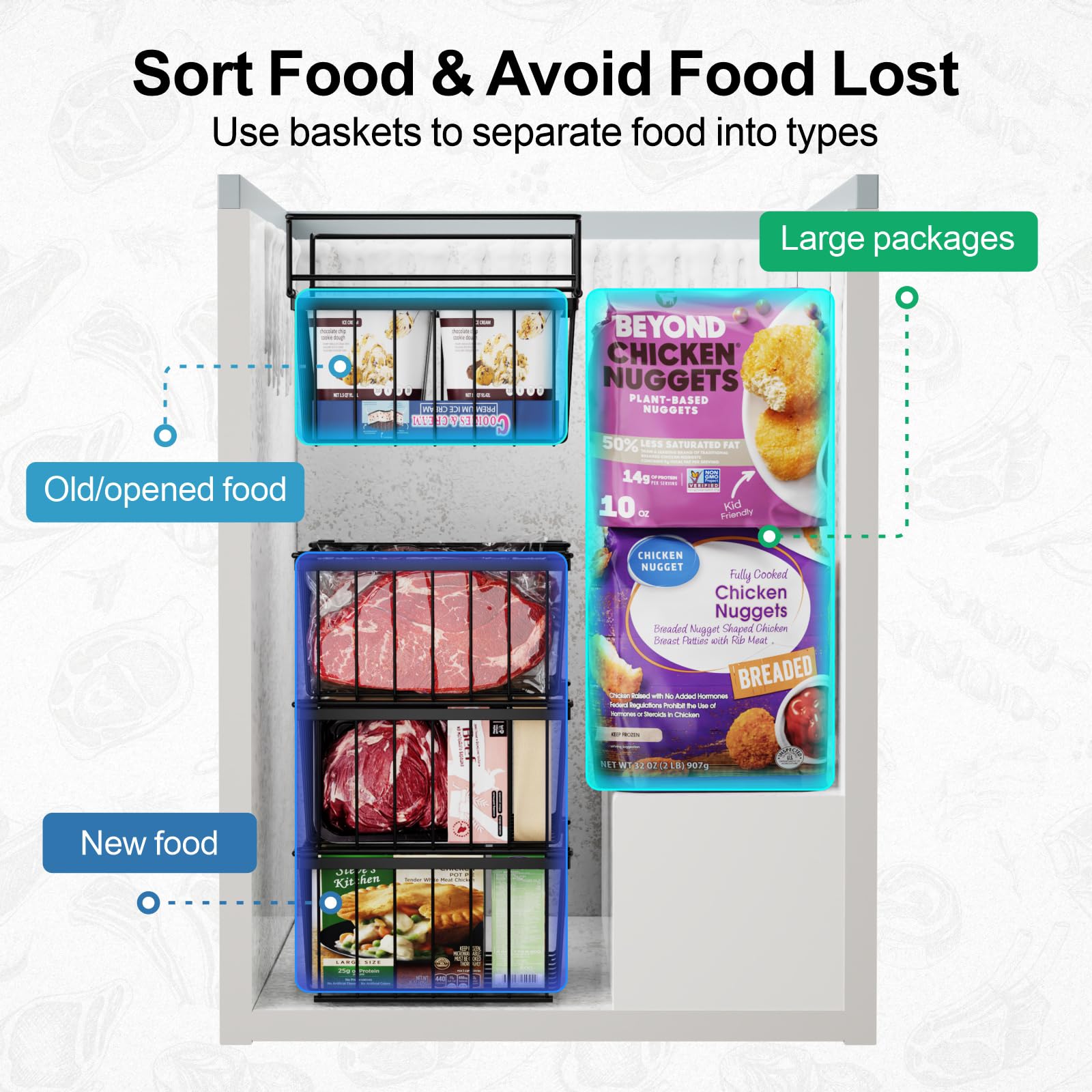 iSPECLE 4 Pack Freezer Organizer Bins - 3 Pack Stackable Chest Freezer