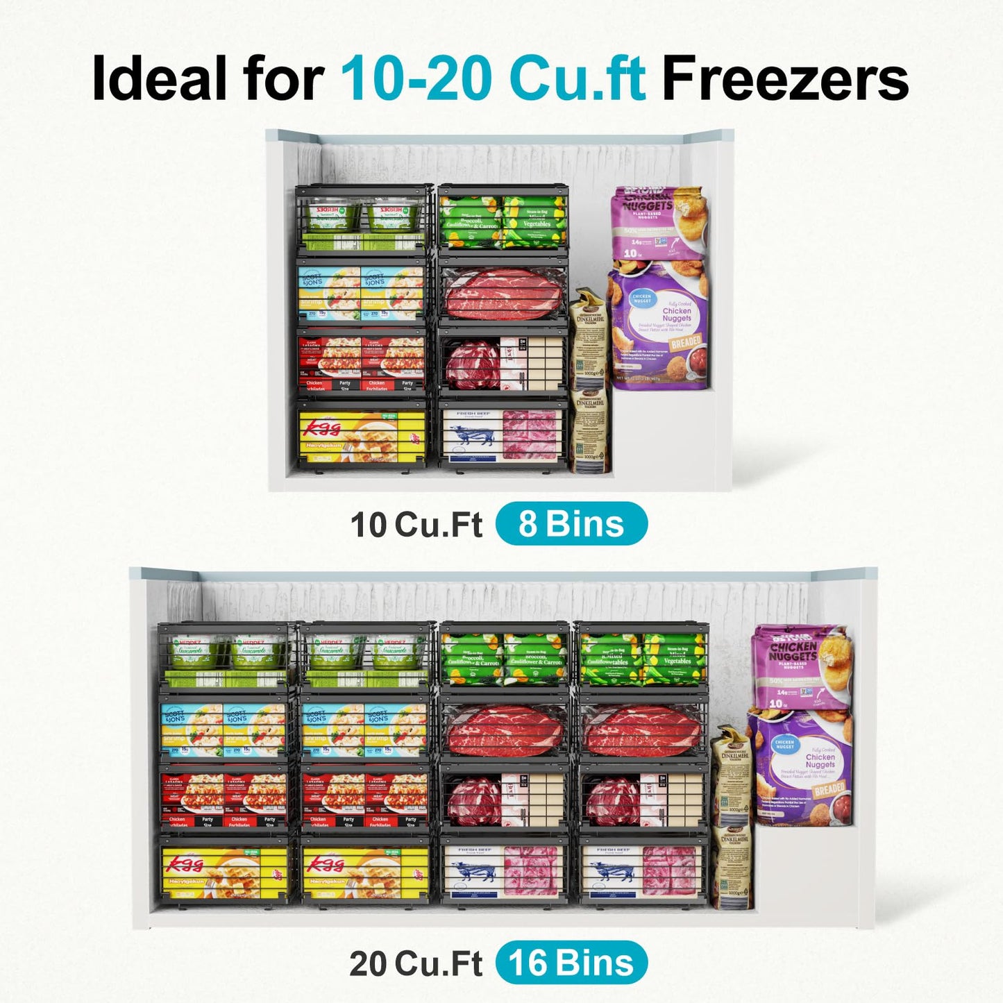 iSPECLE 4 Pack Freezer Organizer Bins for 10 to 20 Cu.Ft Chest Freezer, Adjustable Wire Stackable Storage with Handles, Deep Freeze Organizer for Meat & Vegetables