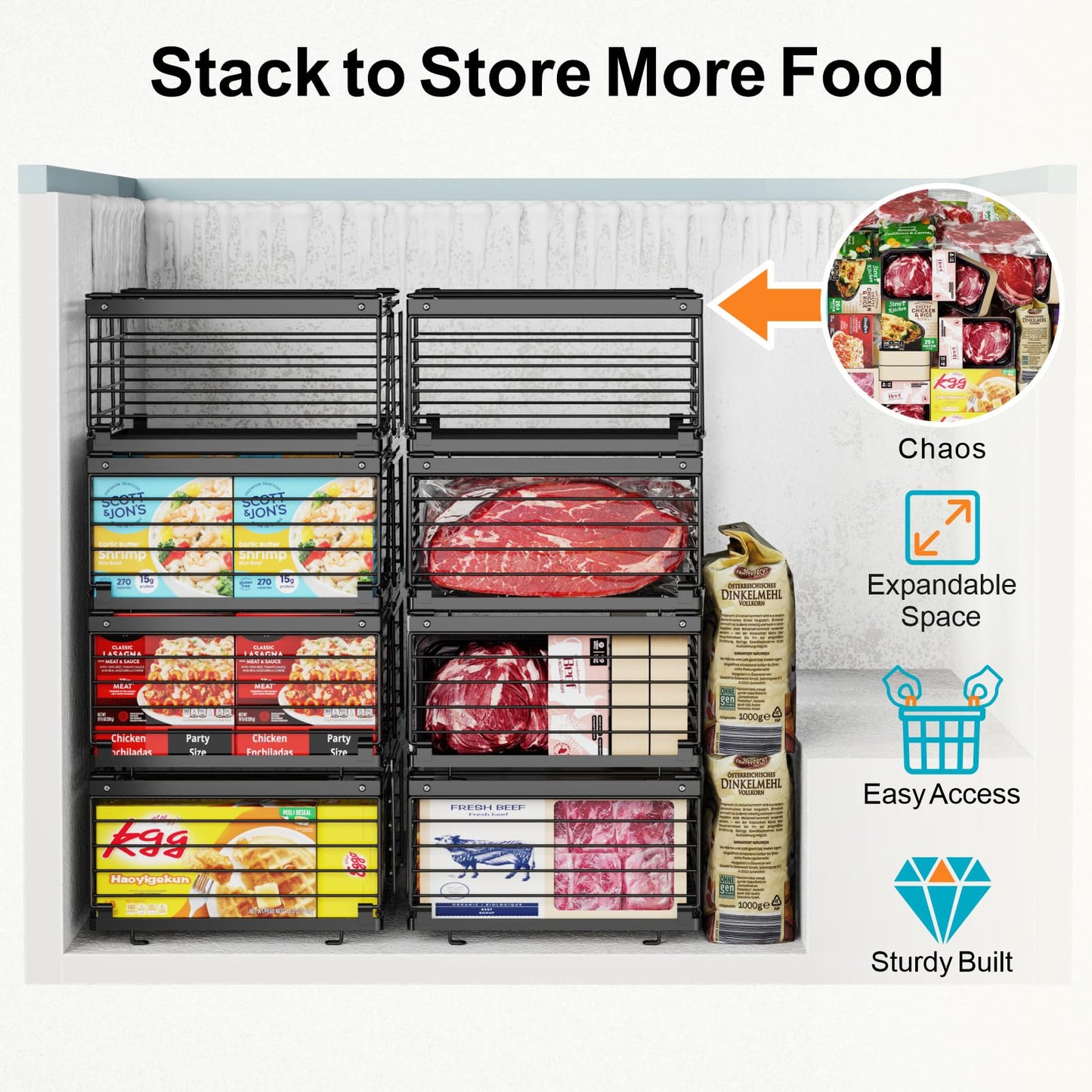 iSPECLE 4 Pack Freezer Organizer Bins for 10 to 20 Cu.Ft Chest Freezer, Adjustable Wire Stackable Storage with Handles, Deep Freeze Organizer for Meat & Vegetables
