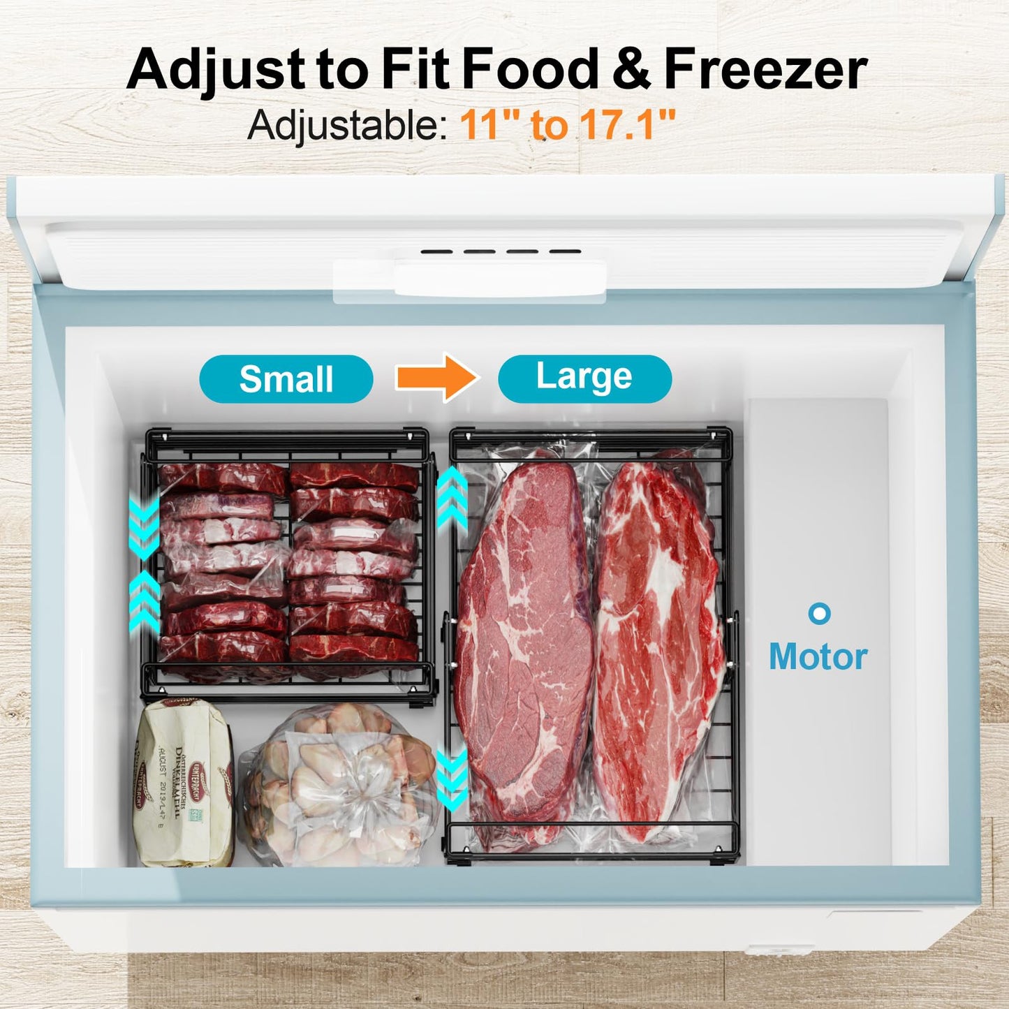 iSPECLE 4 Pack Freezer Organizer Bins for 10 to 20 Cu.Ft Chest Freezer, Adjustable Wire Stackable Storage with Handles, Deep Freeze Organizer for Meat & Vegetables