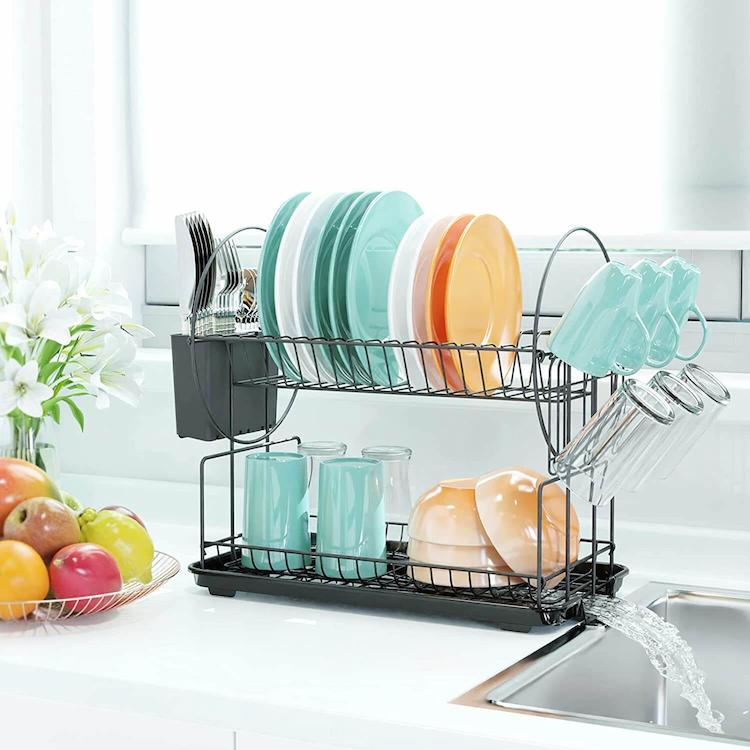 iSPECLE 2 Tier Dish Rack for Kitchen Stainless Steel Dish Drainer with Water Tray Cutlery Holder, Black