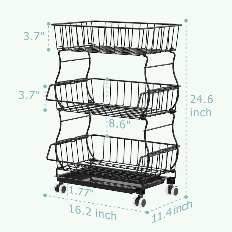 Carrito de almacenamiento de cocina con ruedas, carrito de metal de 4  niveles, cesta de almacenamiento de frutas y verduras, estante de despensa  con
