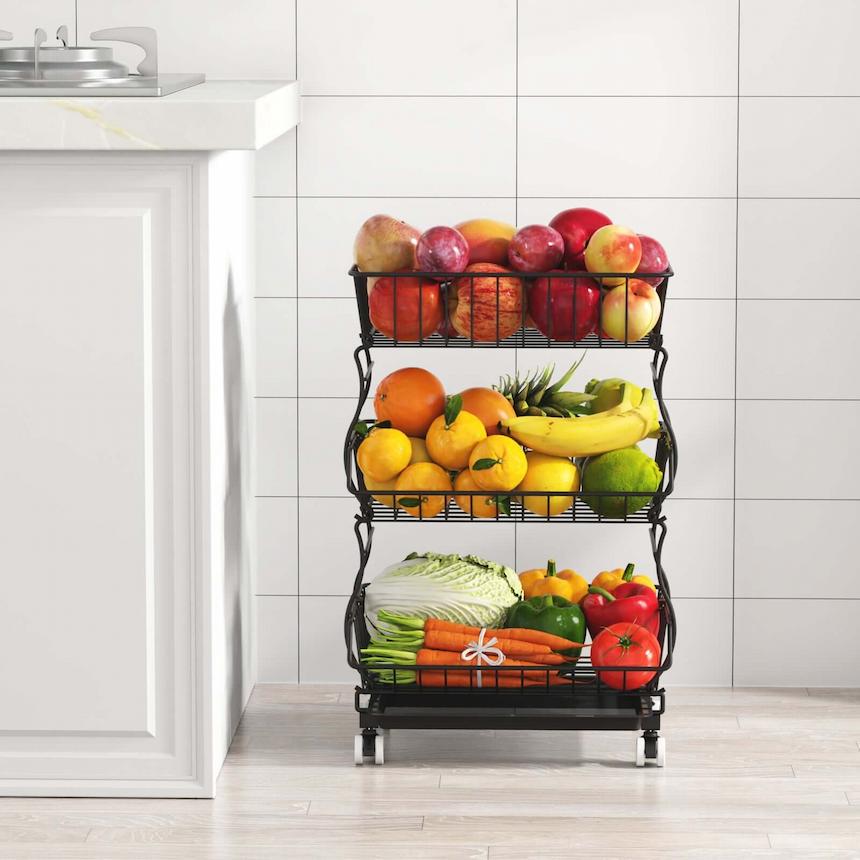 Carrito de frutas de 3 a 6 niveles con ruedas, carrito apilable de  almacenamiento de frutas y verduras, organizador de cesta de almacenamiento  de
