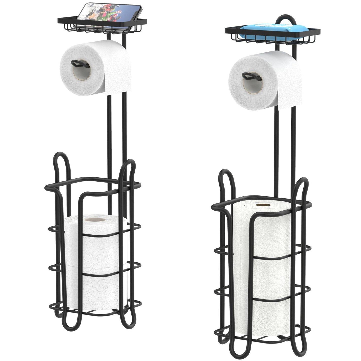 2 Pack Free Standing Toilet Paper Holder Stand, Toilet Tissue Paper Roll  Storage Holder with Shelf and Reserve for Bathroom Storage Holds Wipe,  Mobile